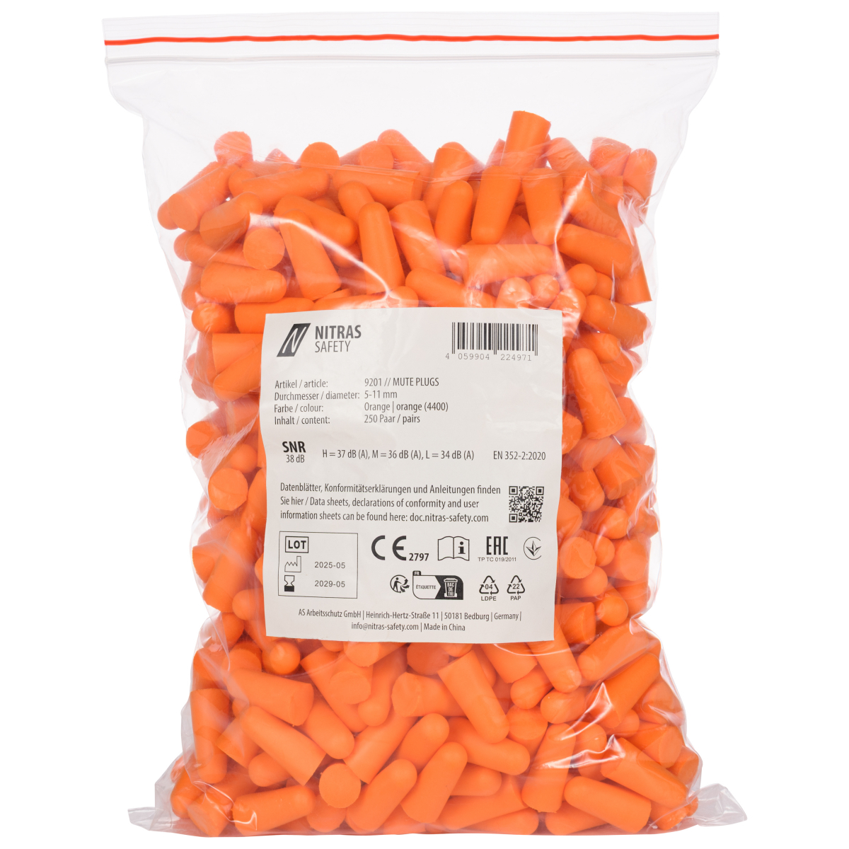 NITRAS MUTE PLUGS, Gehörschutzstöpsel, orange, 250 Paar / Polybeutel