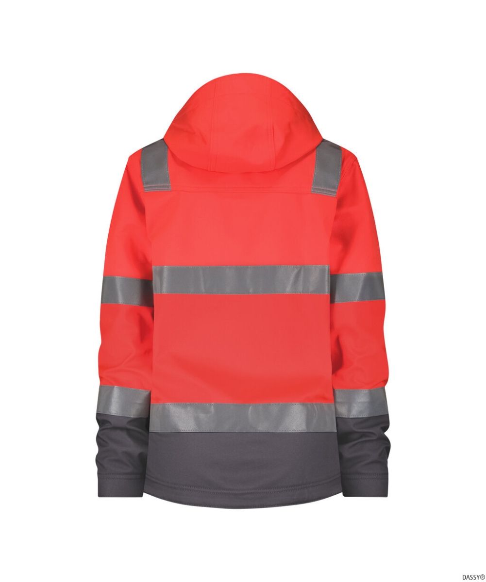 DASSY-Damen-Warnschutz-Softshelljacke, MALAGA, neonrot/zementgrau