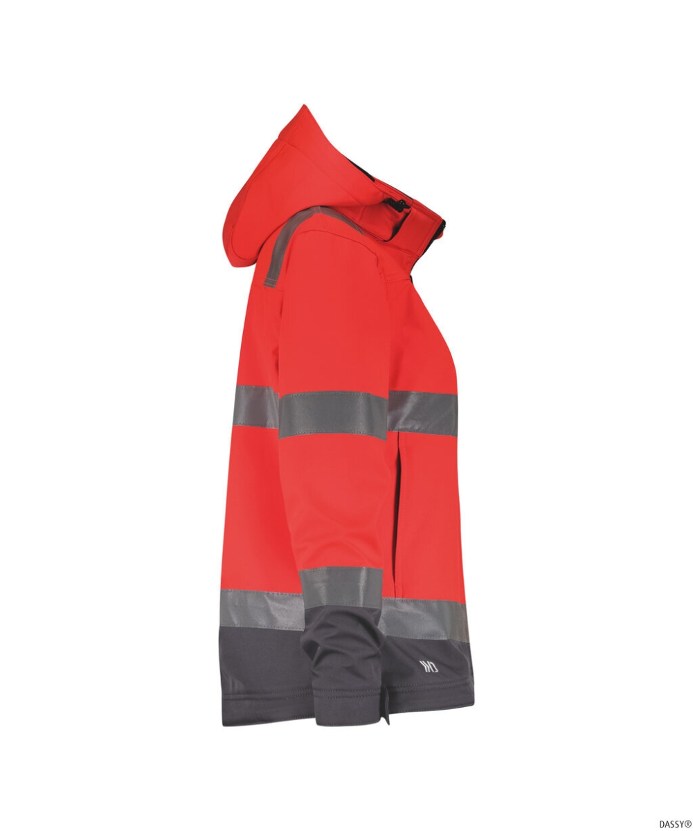 DASSY-Damen-Warnschutz-Softshelljacke, MALAGA, neonrot/zementgrau