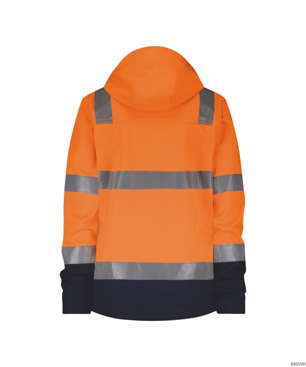 DASSY-Damen-Warnschutz-Softshelljacke, MALAGA, neonorange/dunkelblau