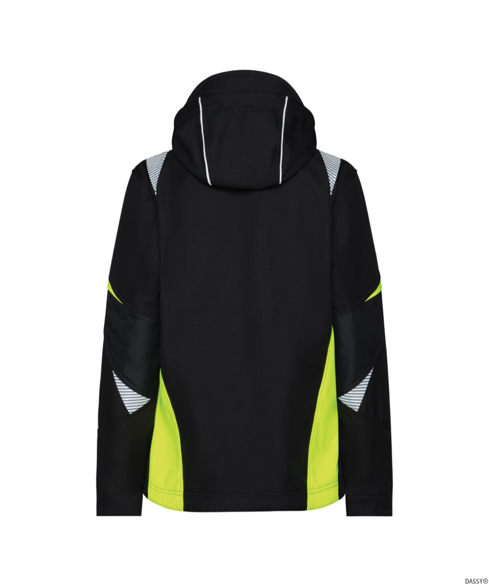 DASSY-Damen-Softshell Jacke KALAMA, 280 g/m², schwarz/neogelb