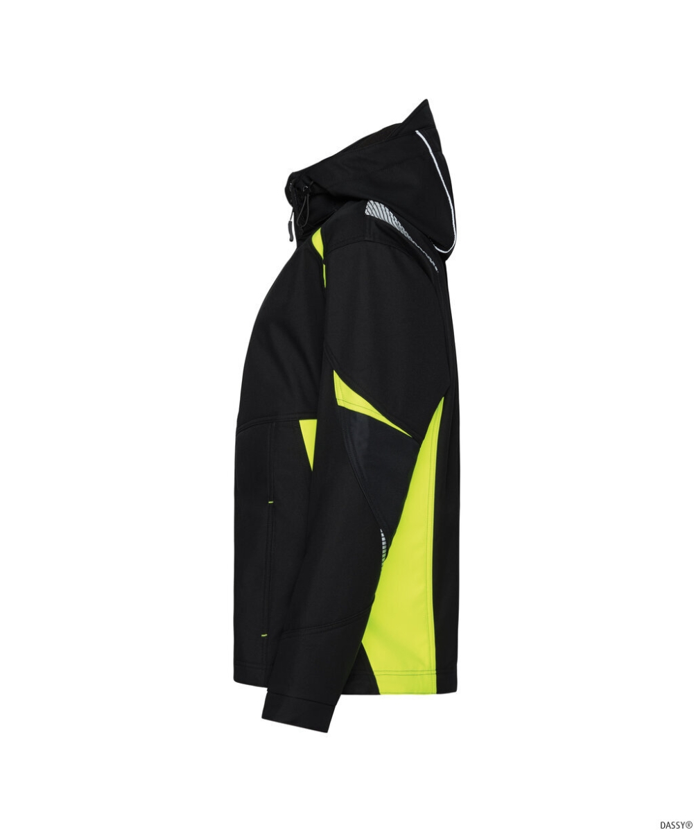 DASSY-Damen-Softshell Jacke KALAMA, 280 g/m², schwarz/neogelb