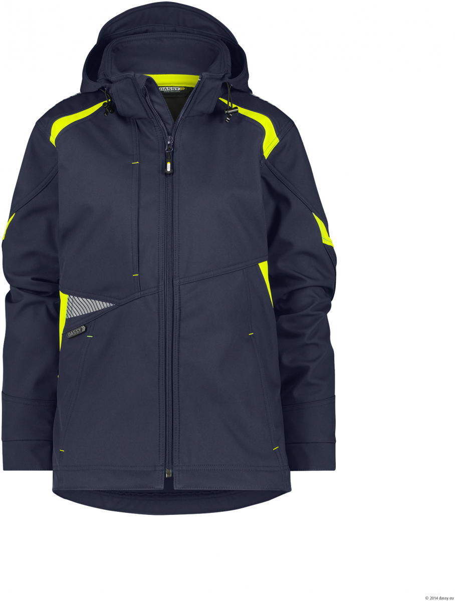DASSY-Damen-Softshell Jacke KALAMA, 280 g/m², nachtblau/neogelb