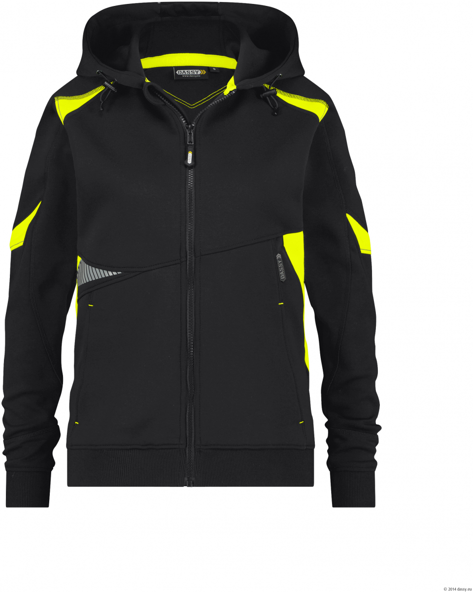 DASSY-Damen-Kapuzensweatshirt SANTOS, 305 g/m², schwarz/neogelb