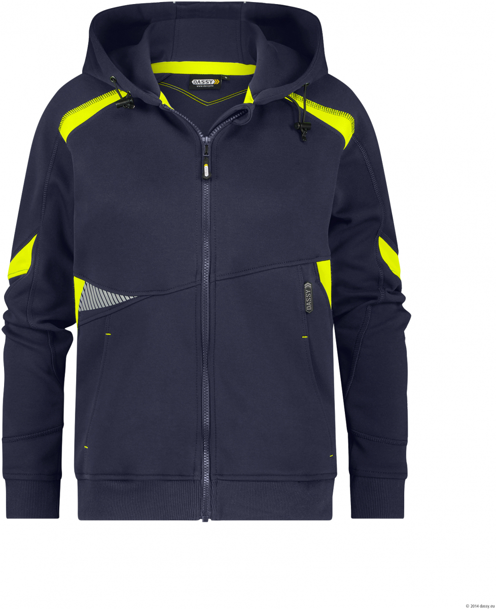 DASSY-Damen-Kapuzensweatshirt SANTOS, 305 g/m², nachtblau/neogelb