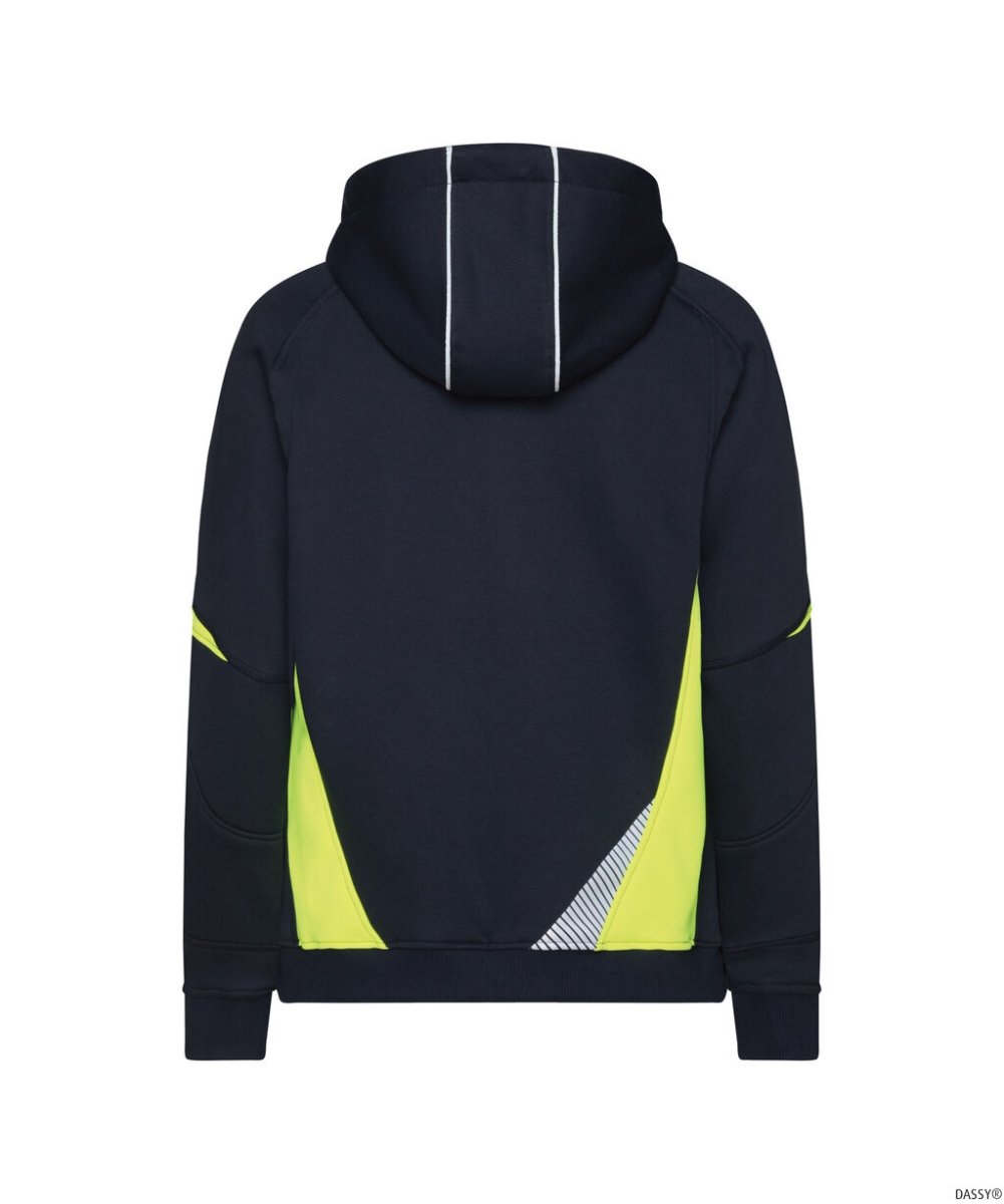 DASSY-Damen-Kapuzensweatshirt SANTOS, 305 g/m², nachtblau/neogelb