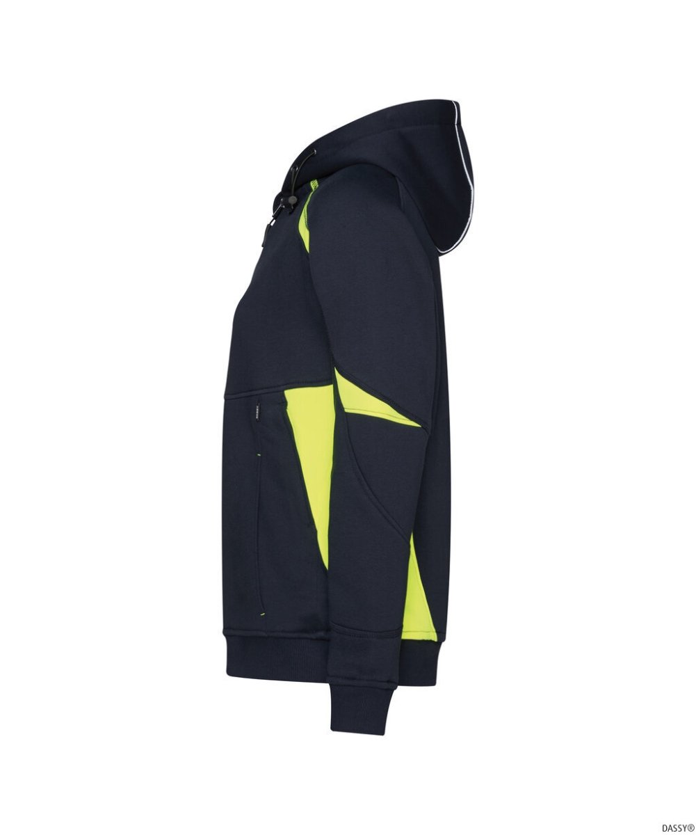 DASSY-Damen-Kapuzensweatshirt SANTOS, 305 g/m², nachtblau/neogelb