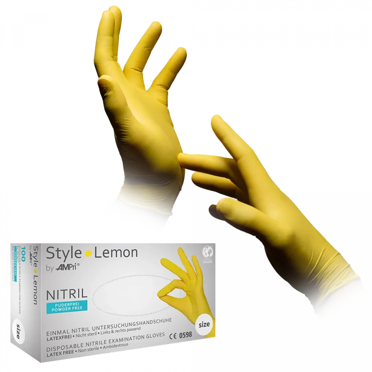 AMPRI-Hand-Schutz, Einweg-Nitril-Einmal-Handschuhe, STYLE LEMON, puderfrei, unsteril, Pkg á 100 Stück, VE = 10 Pkg, gelb