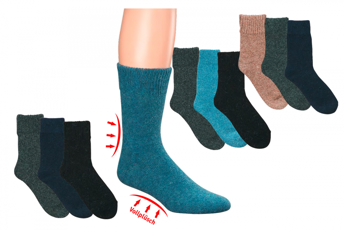 WOWERAT-Wollsocken mit Alpaka, Vollplsch-gefttert, glattgestrickt, 2-er Pkg., farbig sortiert