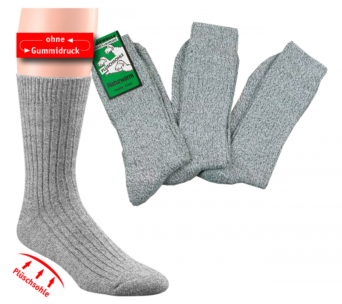 WOWERAT-Gesundheits-Arbeits-Berufs-Socken, mit Plüschsohl, Pkg. á 3 Paar, graumeliert