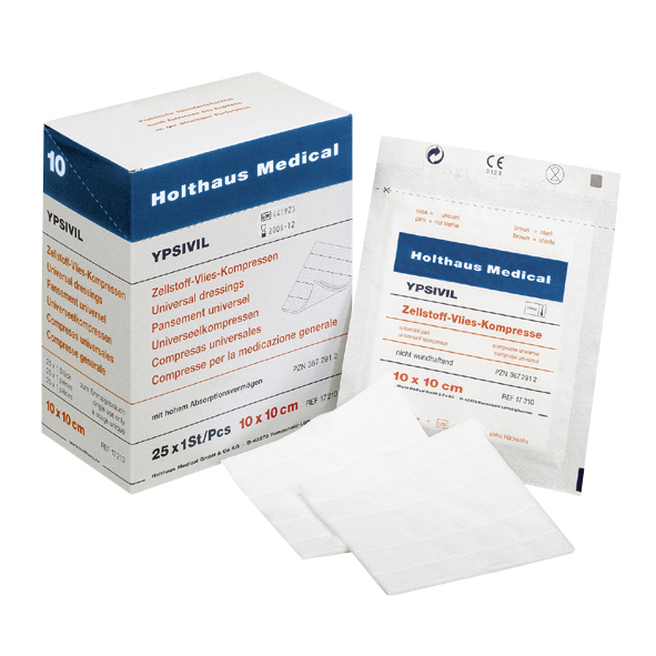 Holthaus Medical, Erste-Hilfe, YPSIVIL Zellstoff-Vlies-Kompresse , 10 x 10 cm