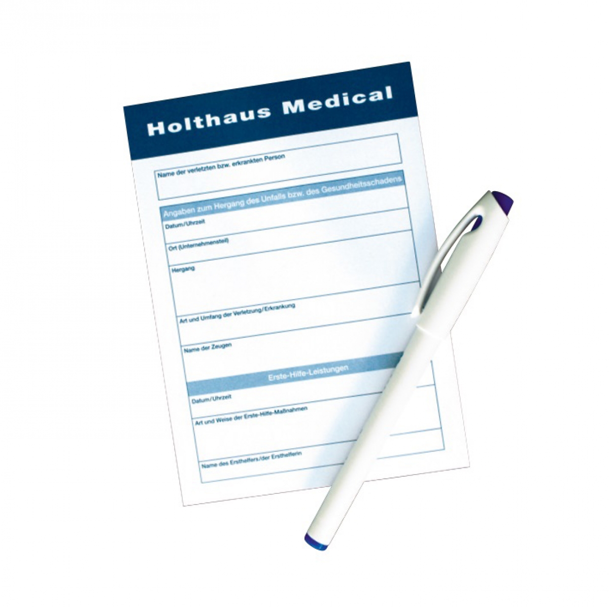 Holthaus Medical, Erste-Hilfe, Meldeblock mit Stift