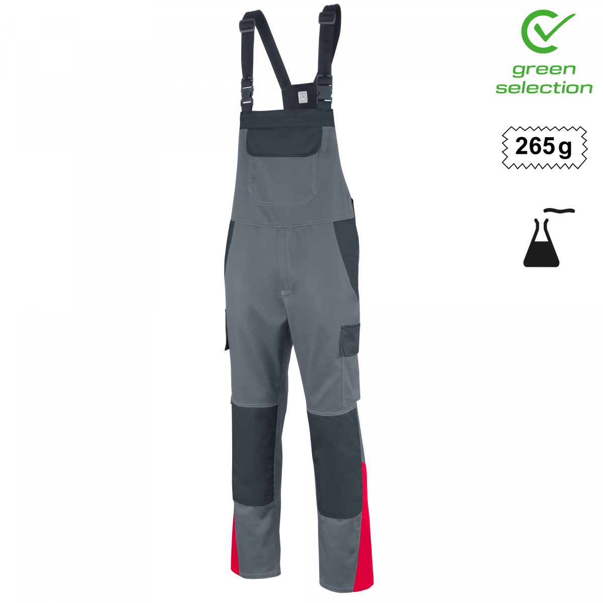 Teamdress-Latzhose ecoRover Safety, grau/schwarz/rot