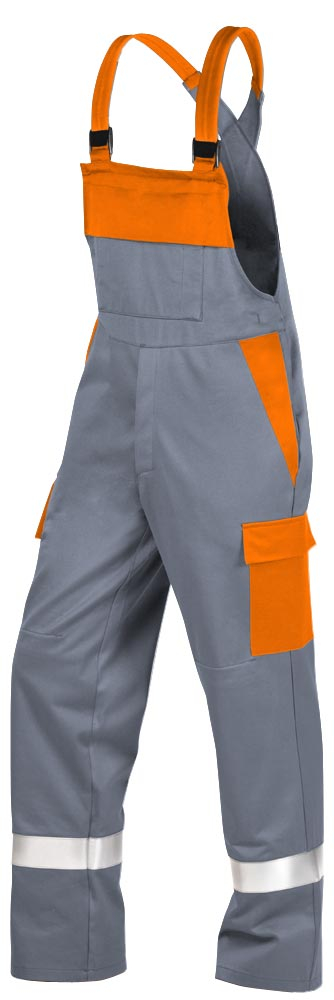 Teamdress-PSA-Workwear, Gieerei/Schweier-Latzhose mit Bein- und Knietaschen, Reflexstreifen, grau/orange