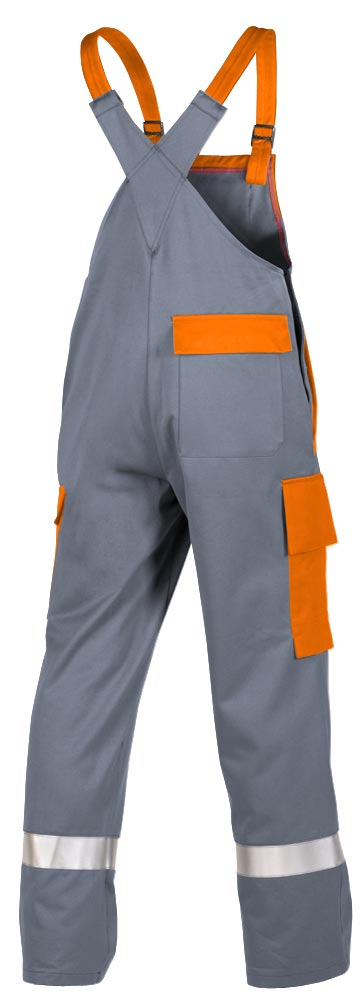 Teamdress-PSA-Workwear, Gießerei/Schweißer-Latzhose mit Bein- und Knietaschen, Reflexstreifen, grau/orange