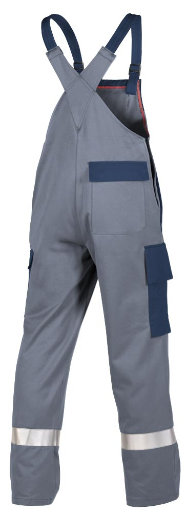Teamdress-PSA-Workwear, Gießerei/Schweißer-Latzhose mit Bein- und Knietaschen, Reflexstreifen, grau/marine