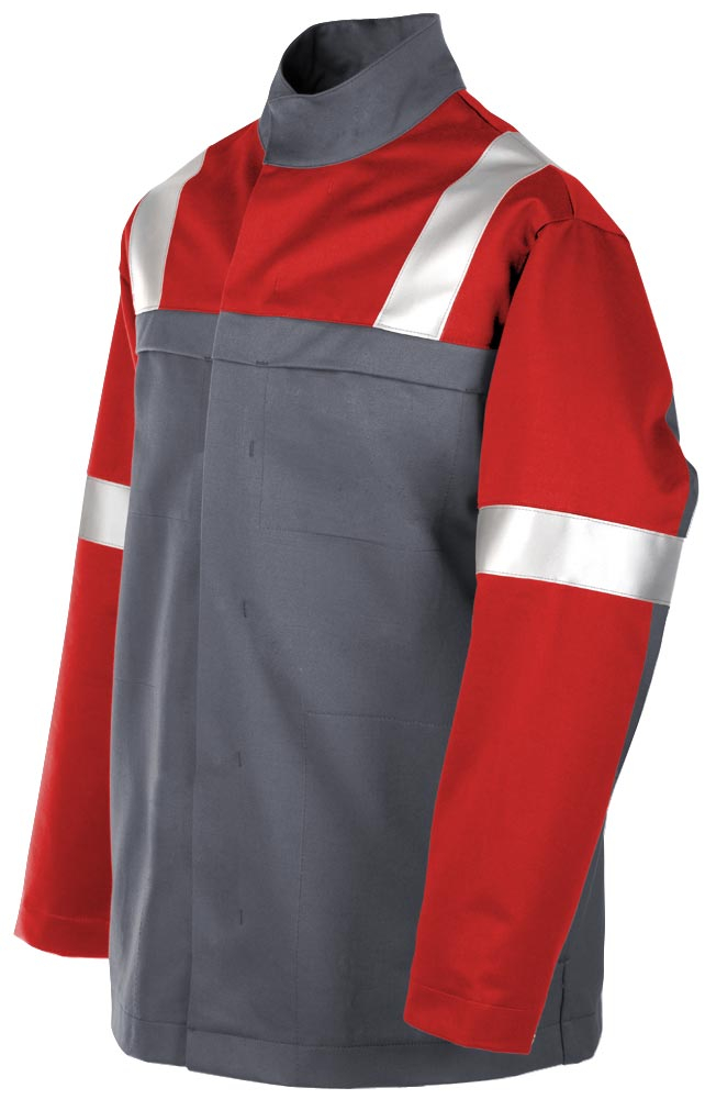 Teamdress-PSA-Workwear, PSA, Multinorm, Jacke mit Reflexstreifen, 1-lagig, EN 13034, Kl. 1, grau/rot