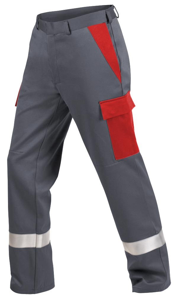 Teamdress-PSA-Workwear, PSA, Multinorm, Bundhose mit Knietaschen und Reflexstreifen, 1-lagig, EN 13034, Kl. 1, grau/rot