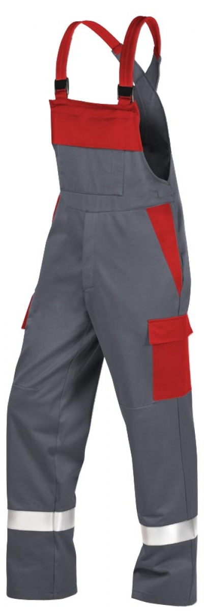 Teamdress-PSA-Workwear, Multinorm, Latzhose mit Knietaschen und Reflexstreifen, 1-lagig, EN 13034, Kl. 1, grau/rot