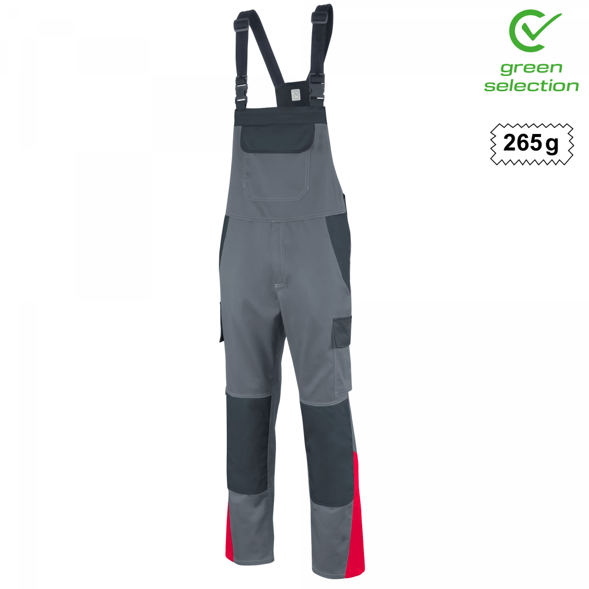 Teamdress-Latzhose ecoRover Safety, grau/schwarz/rot