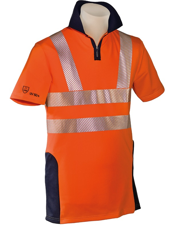 HB-Warnschutz, Warn- und Wetterschutz-Poloshirt, 185 g/m², warnorange-rot/hydronblau