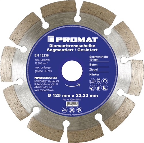 PROMAT-Betriebsbedarf, Diamanttrennscheibe D.115mm Bohrung 22,23M-Betriebsbedarf,m segmentiert 10mm