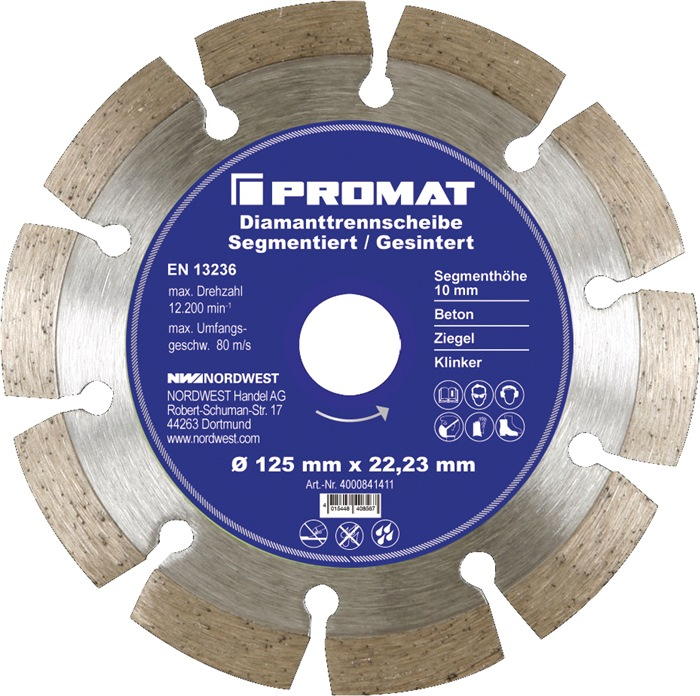 PROMAT-Betriebsbedarf, Diamanttrennscheibe D.125mm Bohrung 22,23M-Betriebsbedarf,m segmentiert 10mm