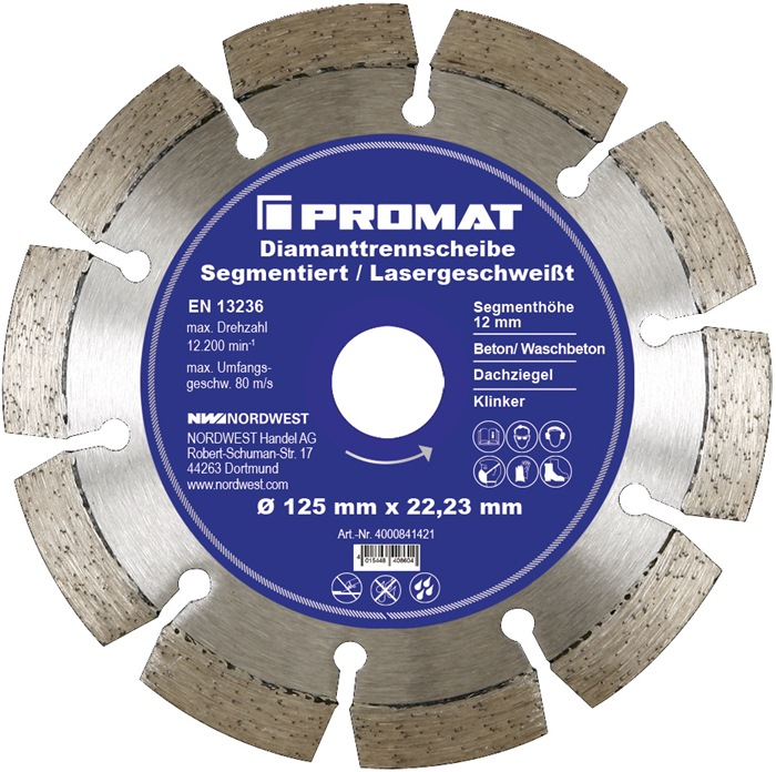 PROMAT-Betriebsbedarf, Diamanttrennscheibe D.125mm Bohrung 22,23M-Betriebsbedarf,m lasergeschweißt 12mm