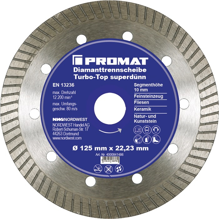 PROMAT-Betriebsbedarf, Diamanttrennscheibe Turbo-Top D.125mm Bohrung 22,23M-Betriebsbedarf,m superdünn 10mm