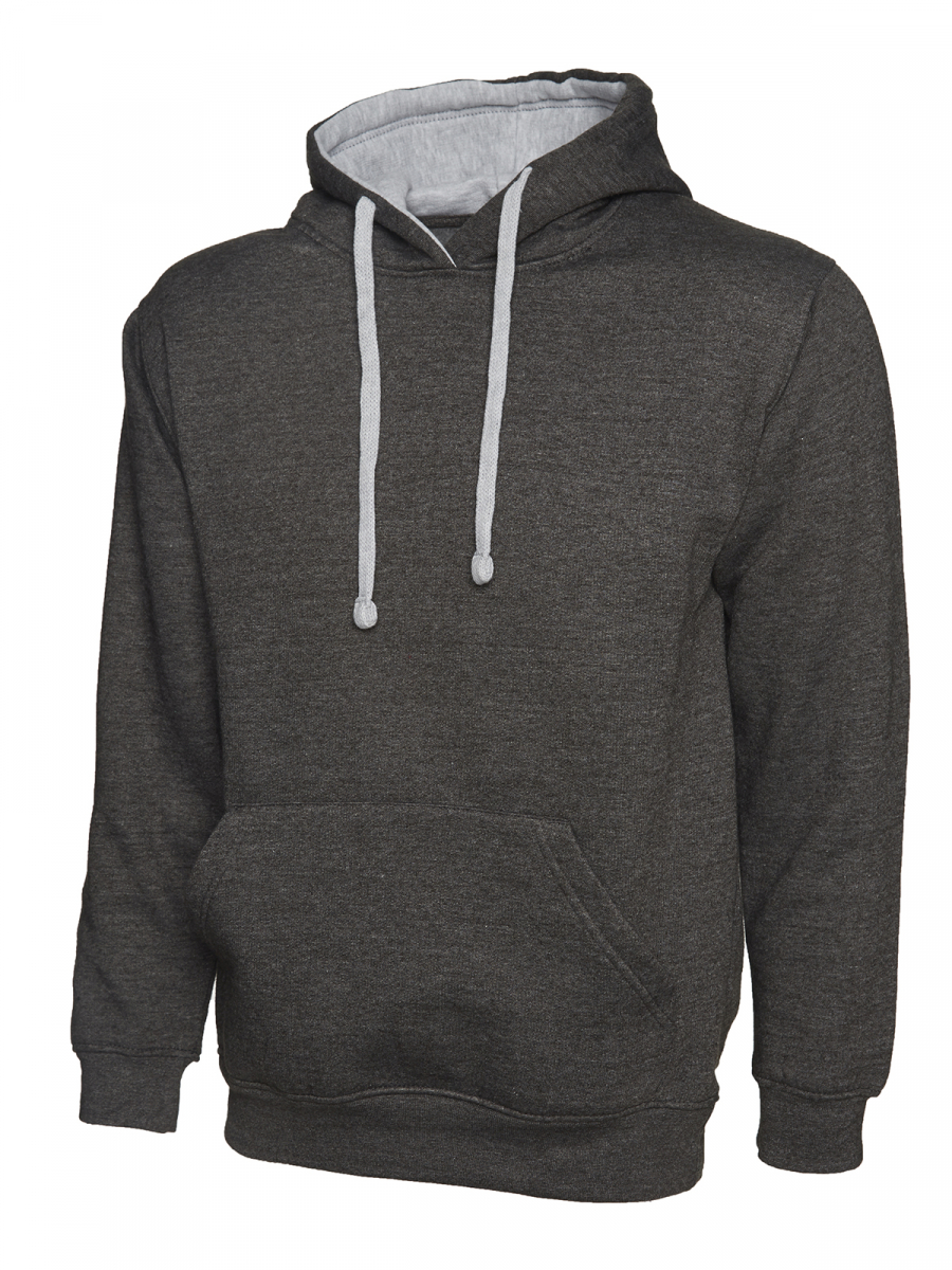 Uneek-Clothing-Contrast Hooded Sweatshirt, charcoal/heather grey